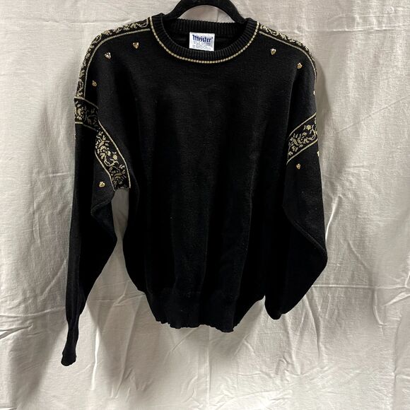 Meister Ski Sweater Black Gold Accents Hearts Youth Size Large See Measurements